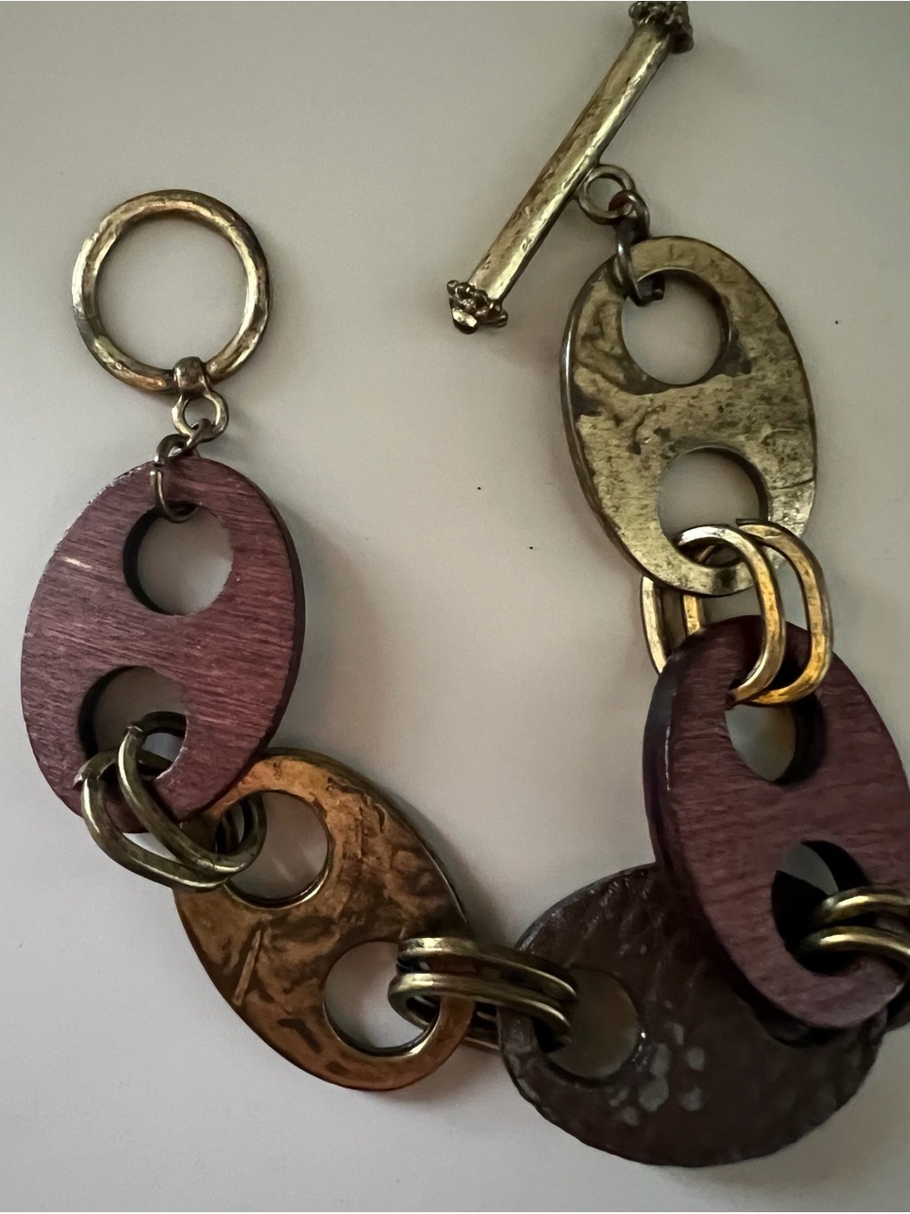 Statement Wood and Metal Link Bracelet in Brown and Gold